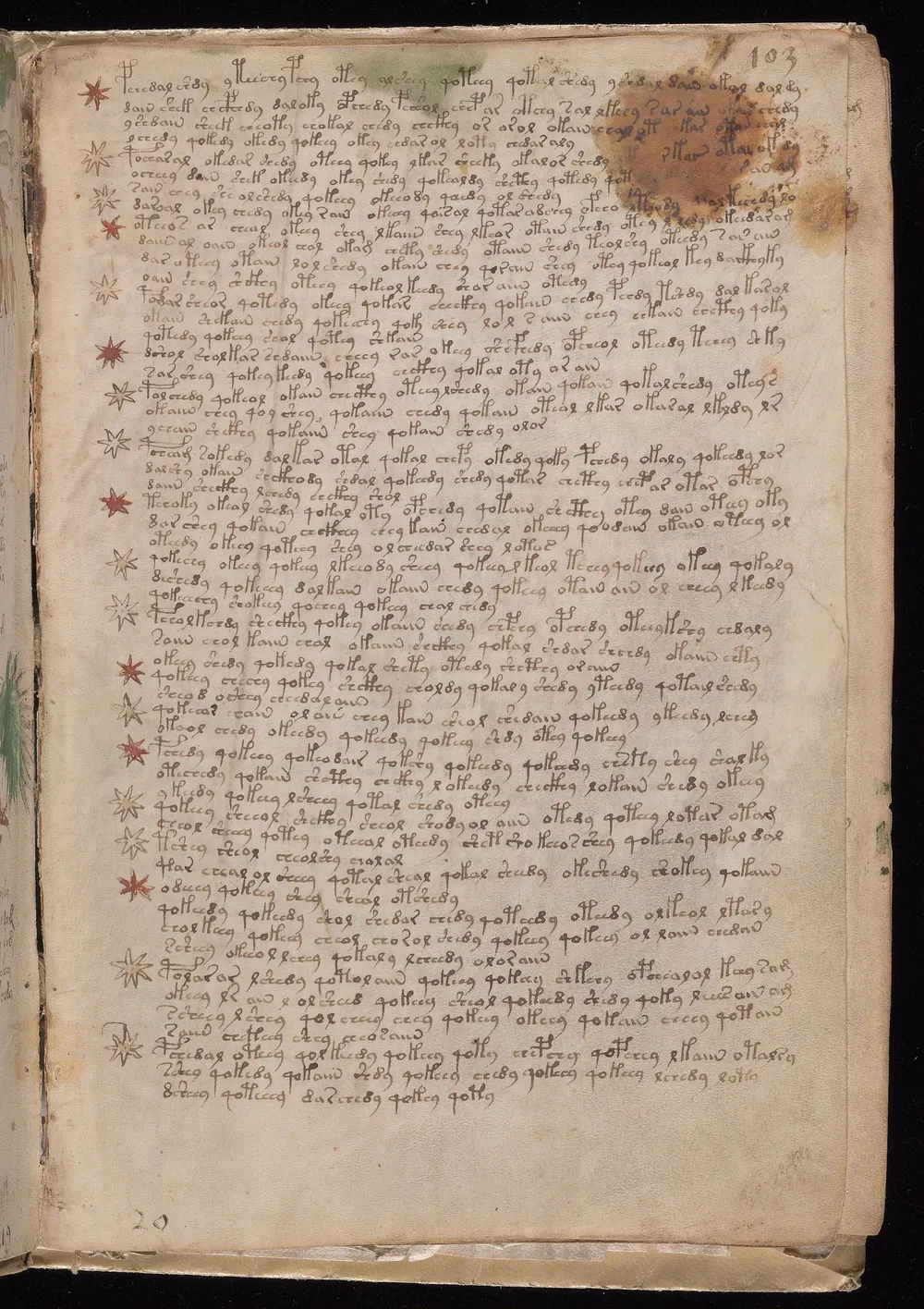 Folio 103r: a page filled with short paragraphs of text, each marked with a small star in the left margin