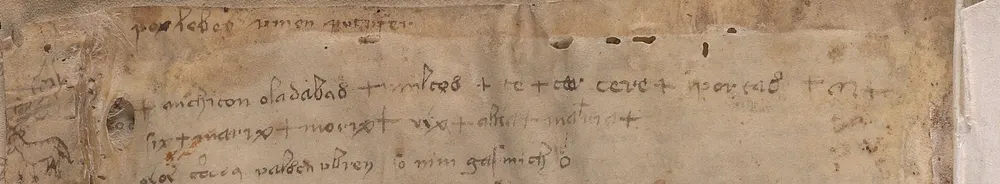 Four lines of faded writing in Latin letters at the top of folio 116v, with words separated by small crosses