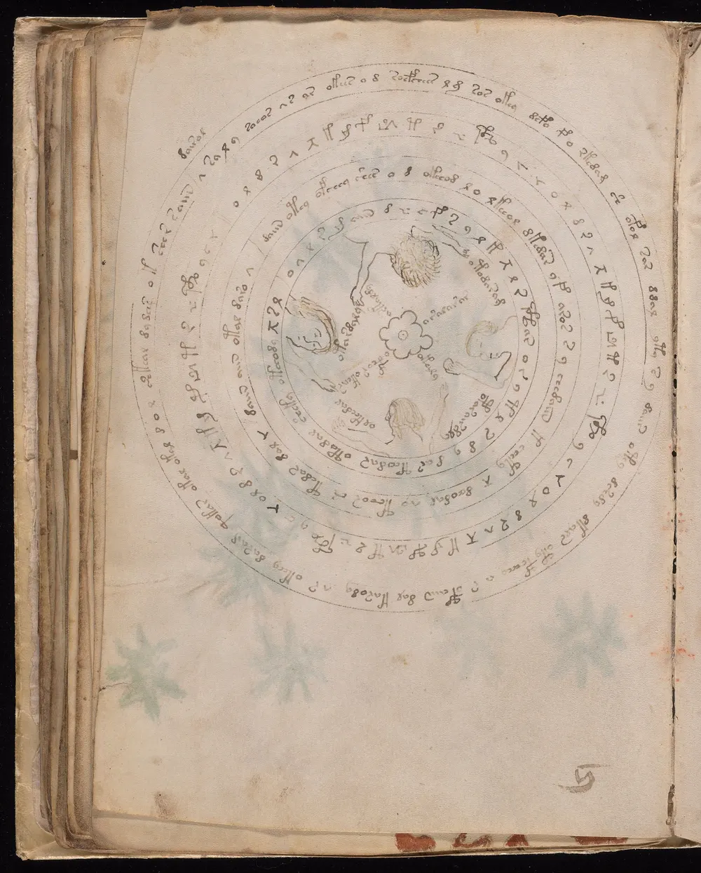 Folio 57v: four concentric rings of writing around four human figures and a flower-like shape at the centre; one ring holds single separated letters