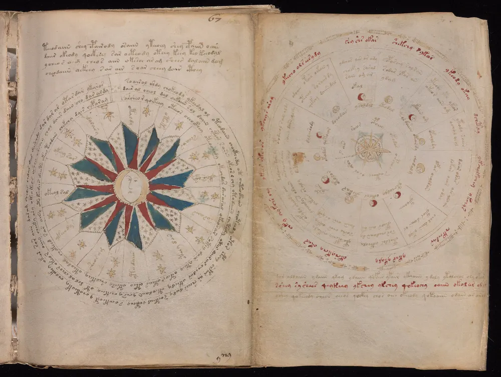 Folio 67r opened out: on the left a sun with a face and sixteen blue and red rays inside rings of stars and text; on the right a ring of twelve moons around a central star, with labels in red ink