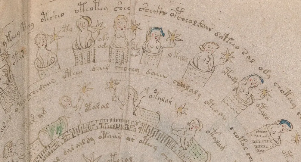 Close-up of the outer rings of folio 70v2: figures in striped tubs holding stars, each with a short handwritten label beside it, and a line of text running round the ring above them