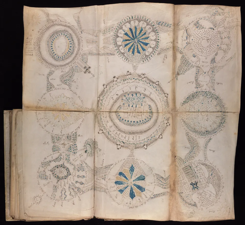The Rosettes foldout opened out: nine large circular rosettes arranged in a three by three grid, connected by bands, with small buildings and dense patterning